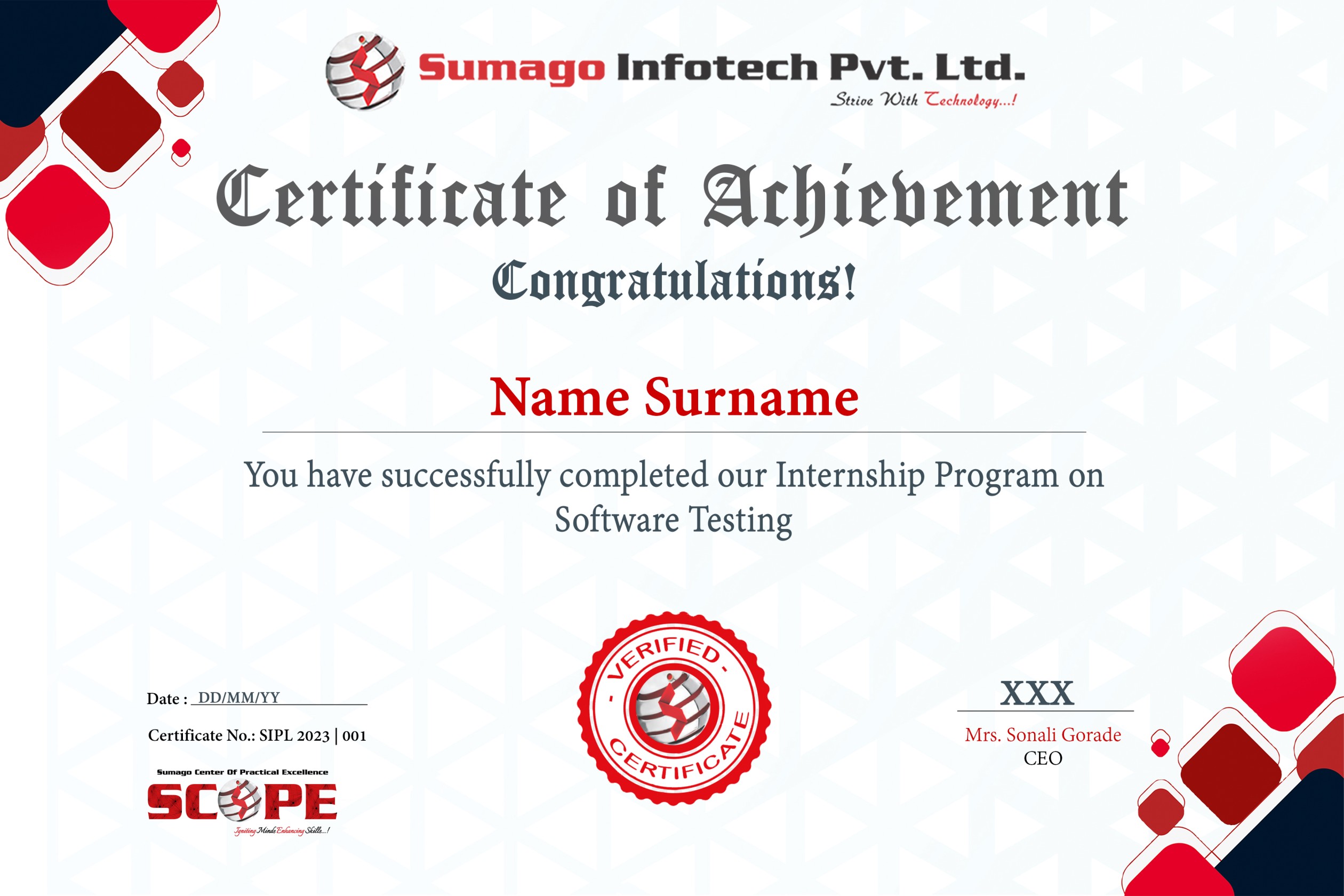Sample SCOPE certificate of achievement issued by Sumago Infotech