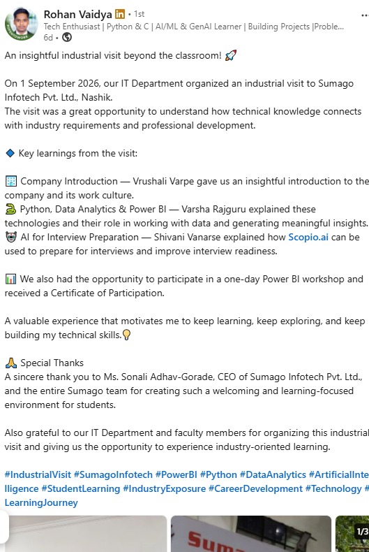 Rohan Vaidya — industrial visit to Sumago Infotech