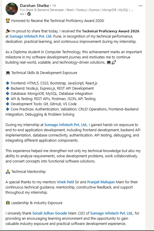 Darshan Shelke — Technical Proficiency Award 2026